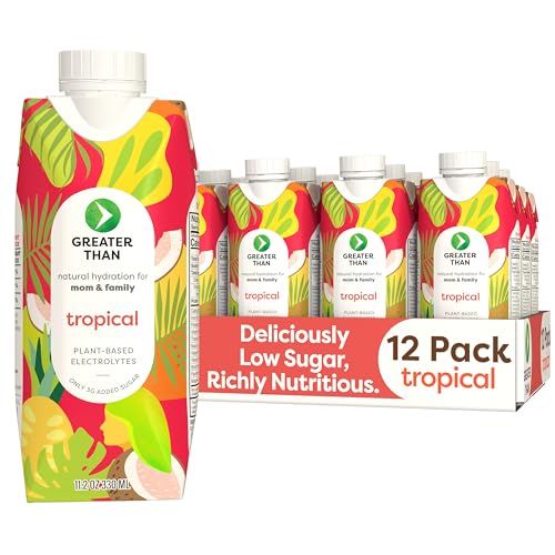 Greater Than Lactation Supplement Support, Coconut Water, Vitamins &amp; Electrolyte Drink for Breastfeeding &amp; Immune Support, Lactation Cookies Alt, Gluten Free, Low Sugar, 12 Pack, Tropical
