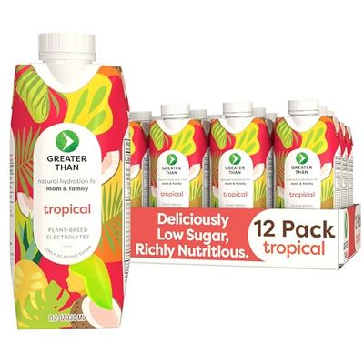 Greater Than Lactation Supplement Support, Coconut Water, Vitamins &amp; Electrolyte Drink for Breastfeeding &amp; Immune Support, Lactation Cookies Alt, Gluten Free, Low Sugar, 12 Pack, Tropical