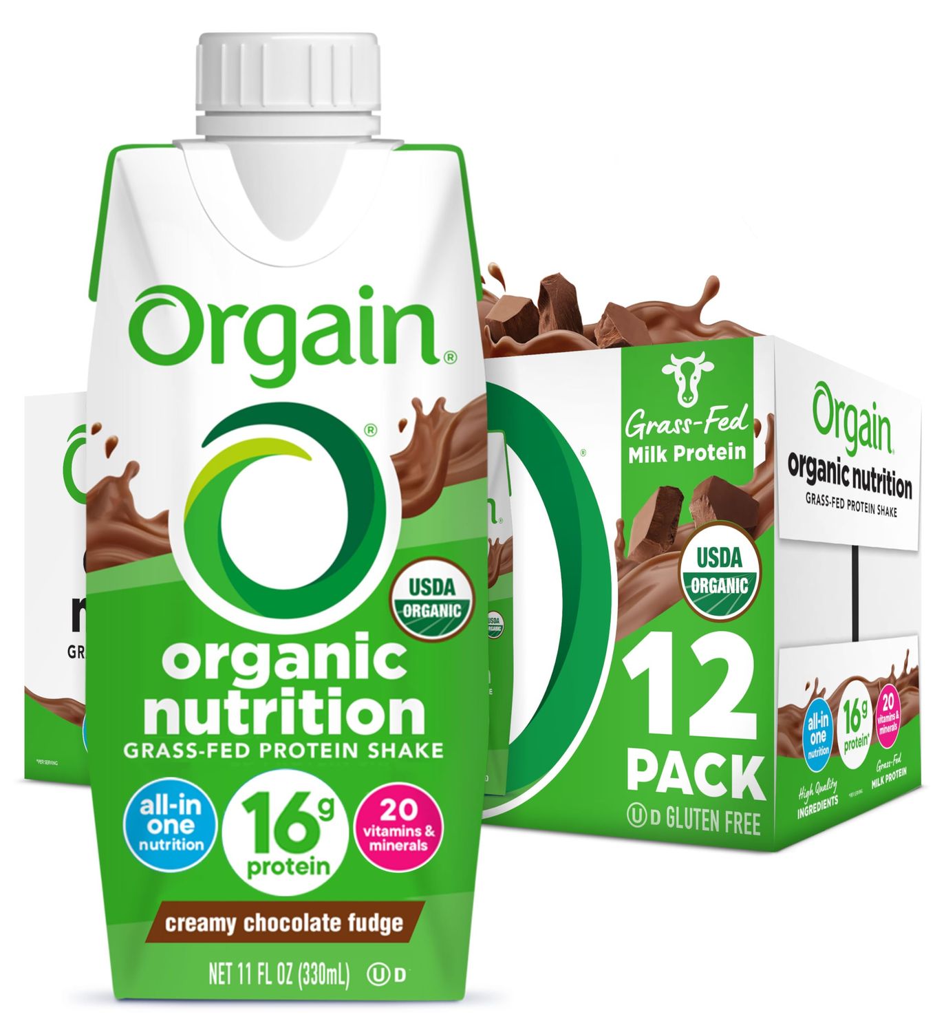 Orgain Organic Nutritional Protein Shake, Creamy Chocolate Fudge - 16g Grass Fed Whey Protein, Meal Replacement, 20 Vitamins &amp; Minerals, Fruits &amp; Vegetables, Gluten Free, Non-GMO, 11 Fl Oz (12 Pack)