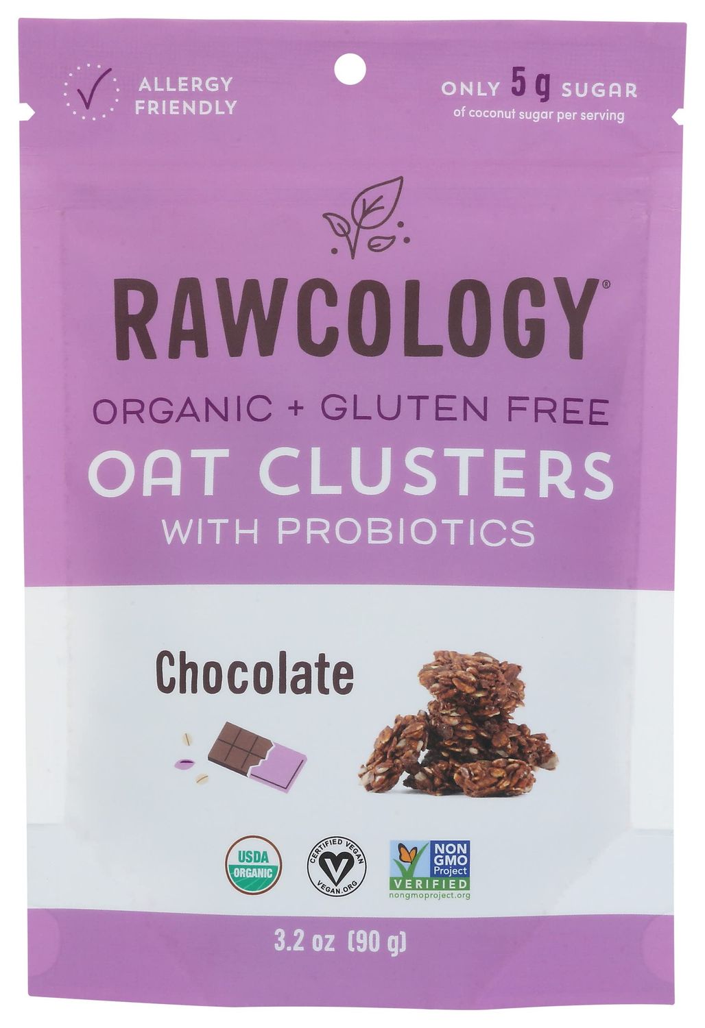 Rawcology Oat Clusters with Probiotics, Chocolate, USDA Certified Organic, Vegan, Nut Free, Dairy Free, Soy Free, Gluten Free &amp; Non-GMO, 3.2 Ounce (Pack of 6)