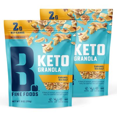 B. Fine Foods Keto Granola High Protein Snack Caramel Sea Salt - Breakfast Blend of Coconut, Seeds &amp; Nuts - 2g Net Carbs, Gluten &amp; Grain-Free, Kosher &amp; Contains Nuts (9 oz, 2 Pack)