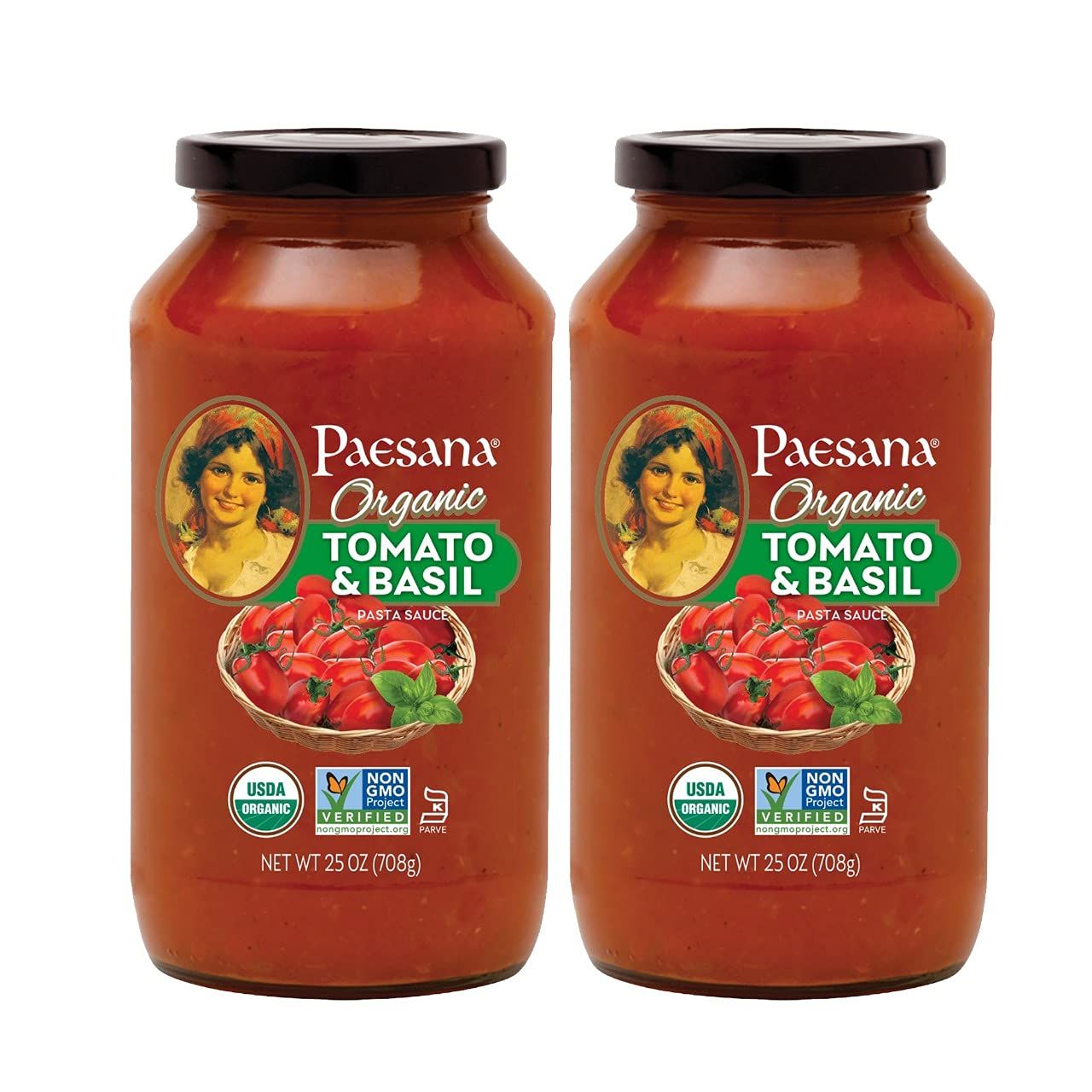 Paesana Organic Tomato Basil Pasta Sauce - Gluten Free, Vegan Friendly and made with 100% Imported Italian Tomatoes, USDA Organic, Kosher Parve - Packed in the USA, 25 oz (2 Pack)
