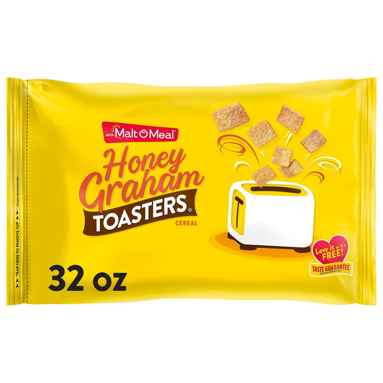 Malt-O-Meal Honey Graham Toasters Breakfast Cereal, Honey Graham Cereal Squares, Super Size Bagged Cereal, 32 OZ Resealable Cereal Bag