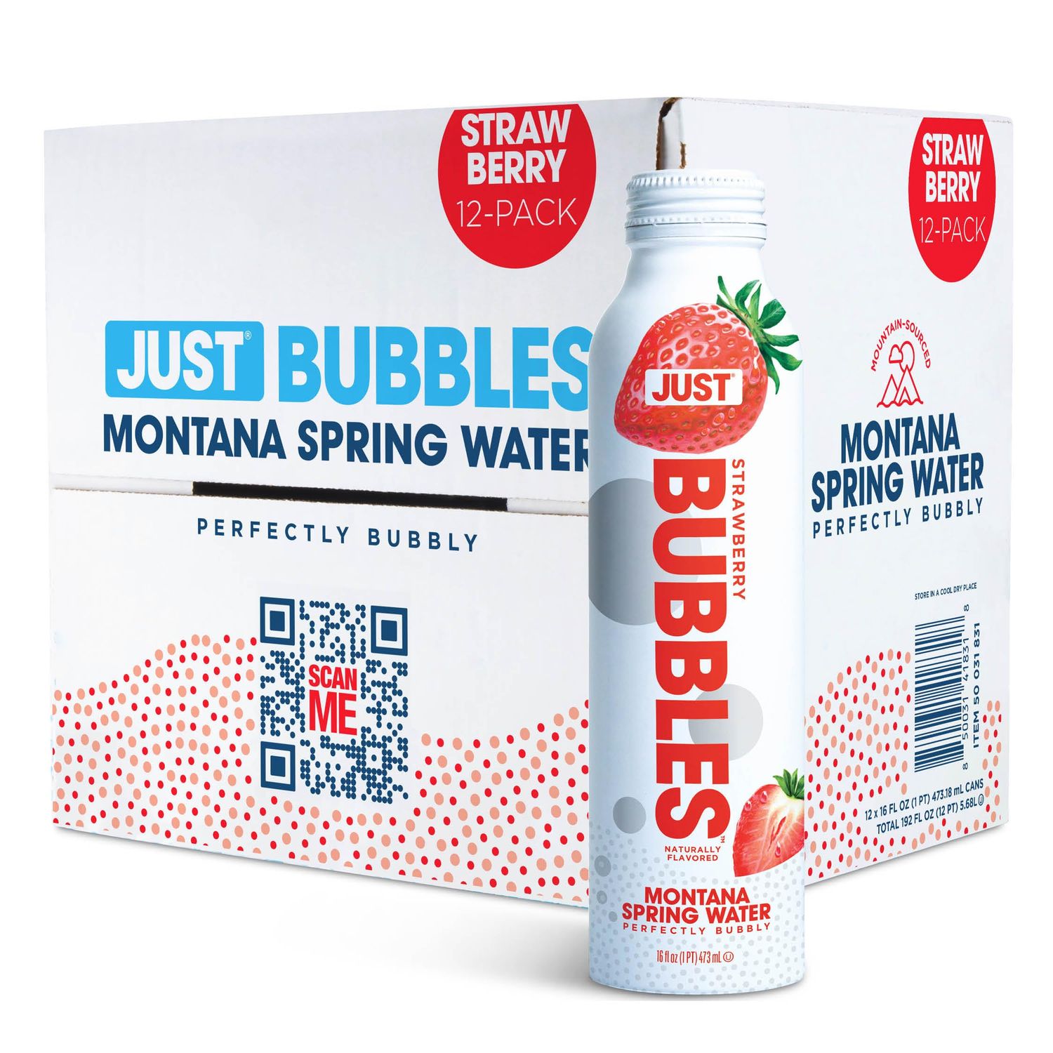 JUST Bubbles Strawberry- Pure Premium Sparkling Spring Water in a Fully Recyclable Reusable Eco-Friendly Bottle - 100% Mountain-Sourced Carbonated Water with Naturally Occurring Minerals, 16 Fl Oz