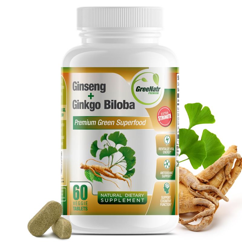 GreeNatr Ginko Biloba &amp; Panax Ginseng Supplement - Red Ginseng Brain Supplement for Memory and Focus - Ginkgo Biloba Supplements for Good Vision, Immune System and Improved Blood Flow - 60 Tablets
