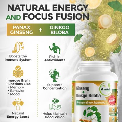 GreeNatr Ginko Biloba & Panax Ginseng Supplement - Red Ginseng Brain Supplement for Memory and Focus - Ginkgo Biloba Supplements for Good Vision, Immune System and Improved Blood Flow - 60 Tablets