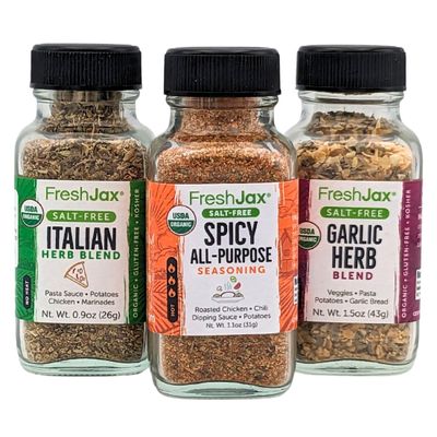 FreshJax Organic Salt Free Spice Blend Gift Set | 3 Spice Sampler Sized Bottles | Spicy All Purpose, Italian Seasoning and Garlic Herb Blend | Handcrafted in Jacksonville | Packed in a Gift Box
