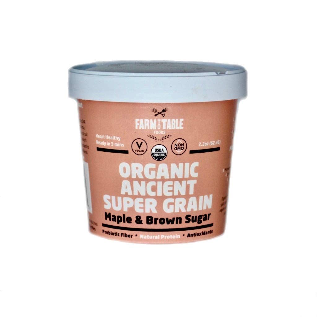 Farm to Table Foods Organic Ancient Super Grain Oatmeal Individual Serving Cups, Maple and Brown Sugar - High Protein, Non-GMO, 12 Pack (2.2 oz. Cups)