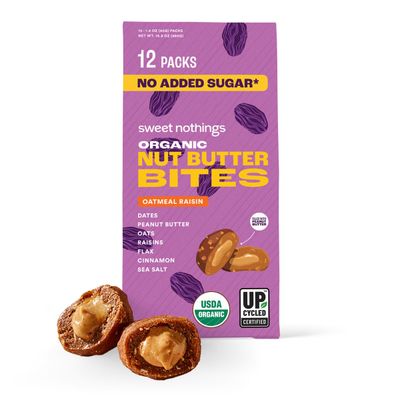 Sweet Nothings, Oatmeal Raisin, USDA Organic Nut Butter Bites Protein Bar, Nut &amp; Date Snack, Filled with Peanut Butter, 12-2 Bite Value Packs - No Added Sugar, Plant Based, Vegan, Only 7 Ingredients