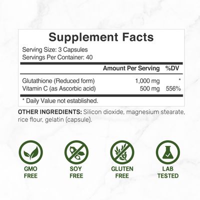 Glutathione Supplement 1,000mg Per Serving, 98% Purity | Plus Vitamin C 500mg, Active Reduced Form (GSH) | Intracellular Antioxidant - Supports Detoxification &amp; Immune Health