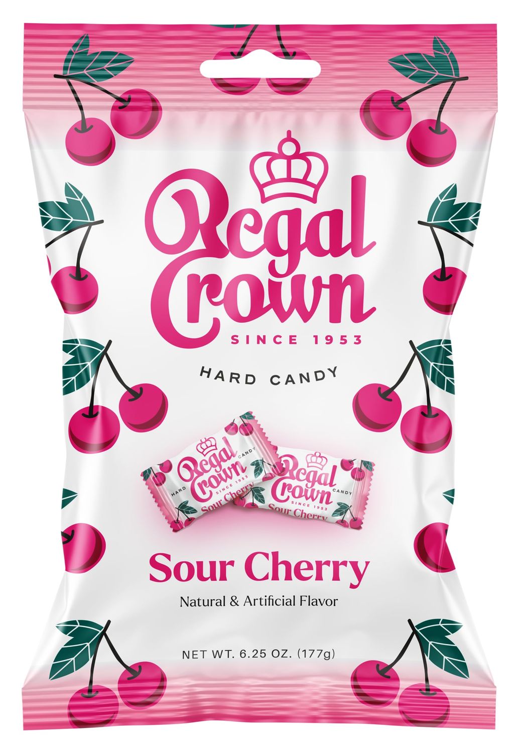 Regal Crown Sour Cherry Candy | Traditional Sour Cherries Candy | Tart and Tangy Old Fashioned Sour Cherry Hard Candy Brought To You By Iconic Candy | 6.25oz Peg Bag (1)
