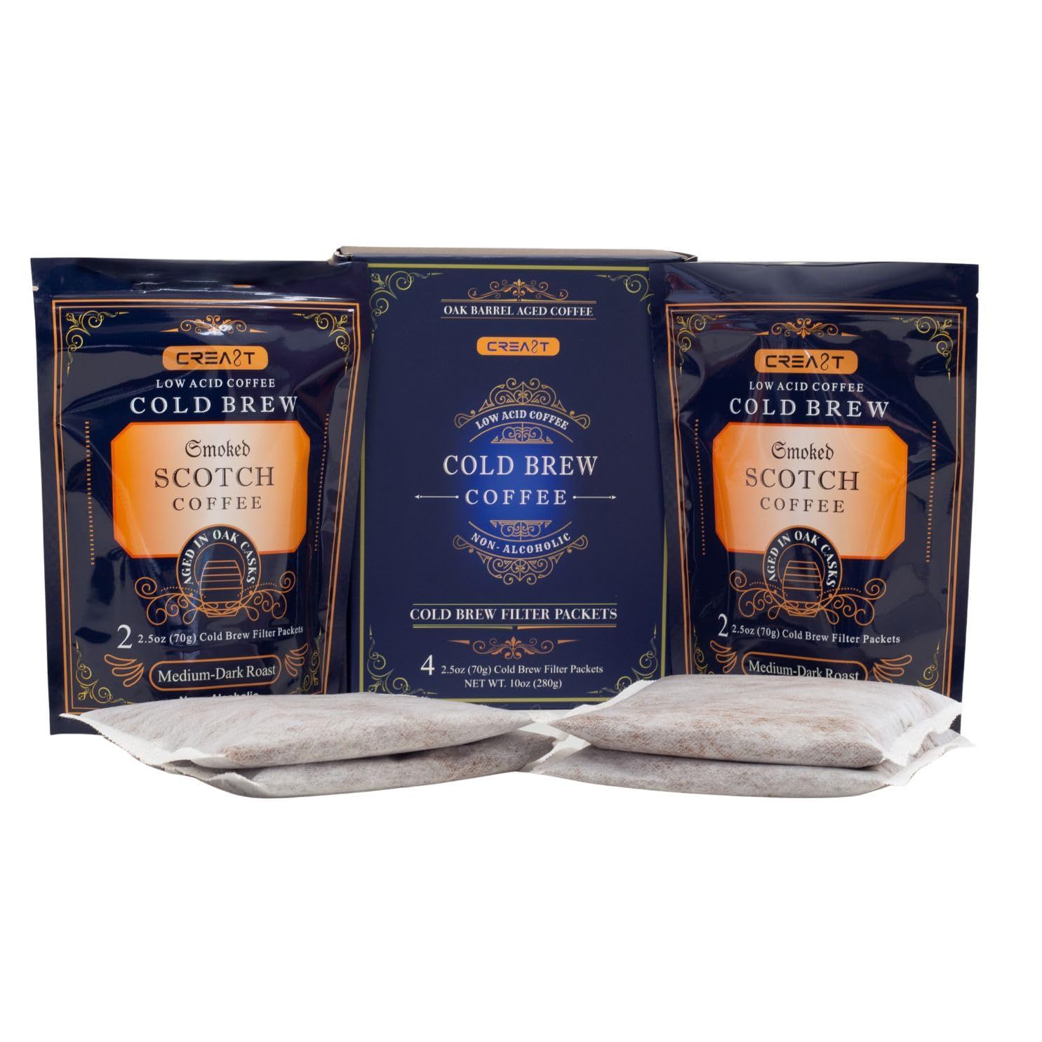 CREA8T Barrel Aged Cold Brew Smoked Scotch flavored coffee - Pack of 4 Cold Brew GROUND Filter packets 2.5oz each totalling 10oz.