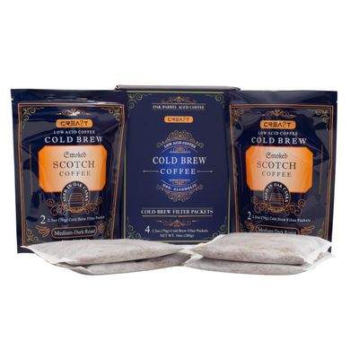 CREA8T Barrel Aged Cold Brew Smoked Scotch flavored coffee - Pack of 4 Cold Brew GROUND Filter packets 2.5oz each totalling 10oz.