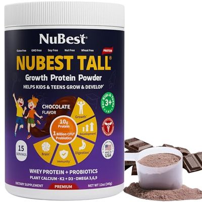 NuBest Tall Protein Powder for Kids &amp; Teens - Whey Protein Powder - Chocolate Protein Powder Shake - Protein Drink with Probiotics, Omega 3-6-9, Vitamin D3 + K2, Calcium, Vitamin - 15 Servings
