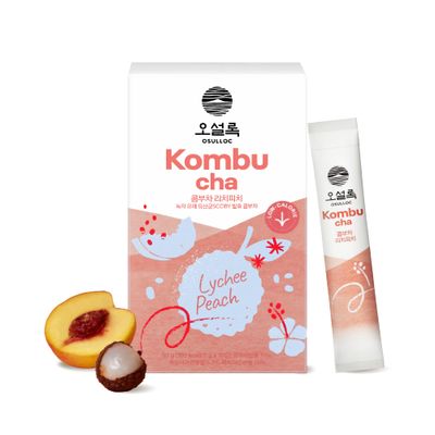 Osulloc Kombucha Tea LycheePeach (Lychee &amp; Peach Blending), Electrolytes powder &amp; Hydration drinks packets, No added sugar, 10 Sticks, 1.76oz