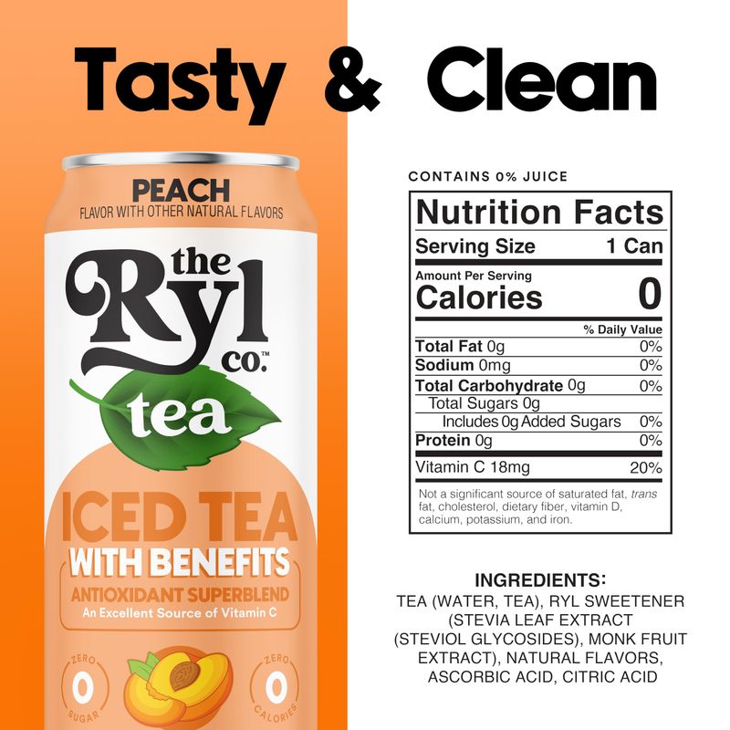 Ryl Iced Tea, Peach, Antioxidant Superblend, Zero Sugar, Low Carb, Zero Calorie Iced Tea, 16.0 Fl Oz (12-Pack)