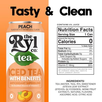 Ryl Iced Tea, Peach, Antioxidant Superblend, Zero Sugar, Low Carb, Zero Calorie Iced Tea, 16.0 Fl Oz (12-Pack)