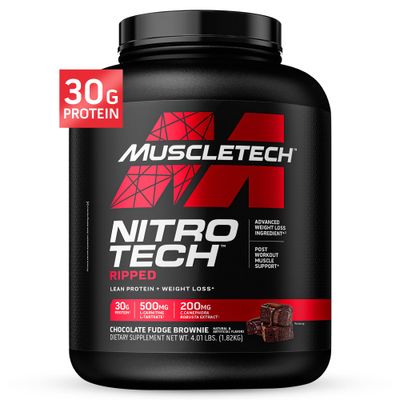 Muscletech Whey Protein Powder (Chocolate Fudge Brownie, 4LB) - Nitro-Tech Ripped Whey Protein Isolate &amp; Peptides Smoothie Mix for Lean Muscle &amp; Fast Recovery - 30g of Whey Protein for Women &amp; Men