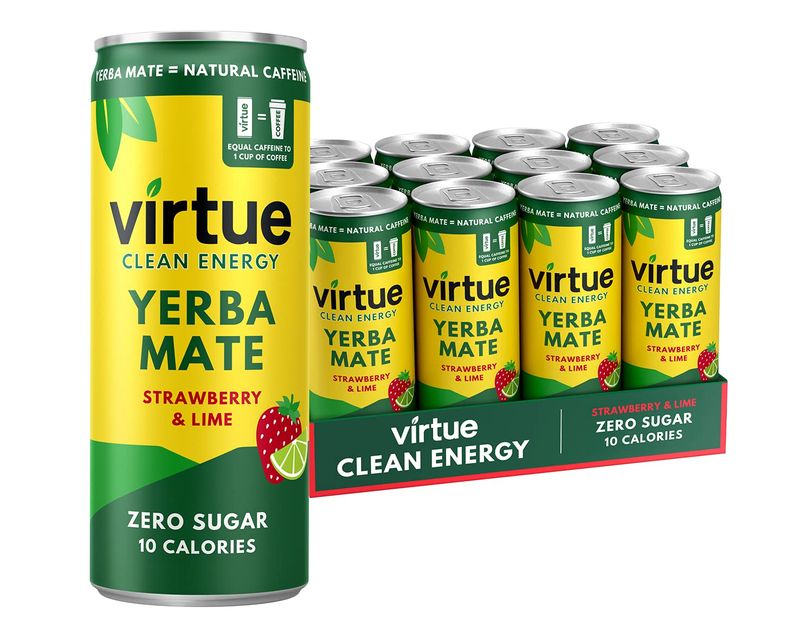 Virtue Yerba Mate, Strawberry &amp; Lime - Natural Energy Drink - Sugar Free, Zero Calories, 8.4 oz (Pack of 12)