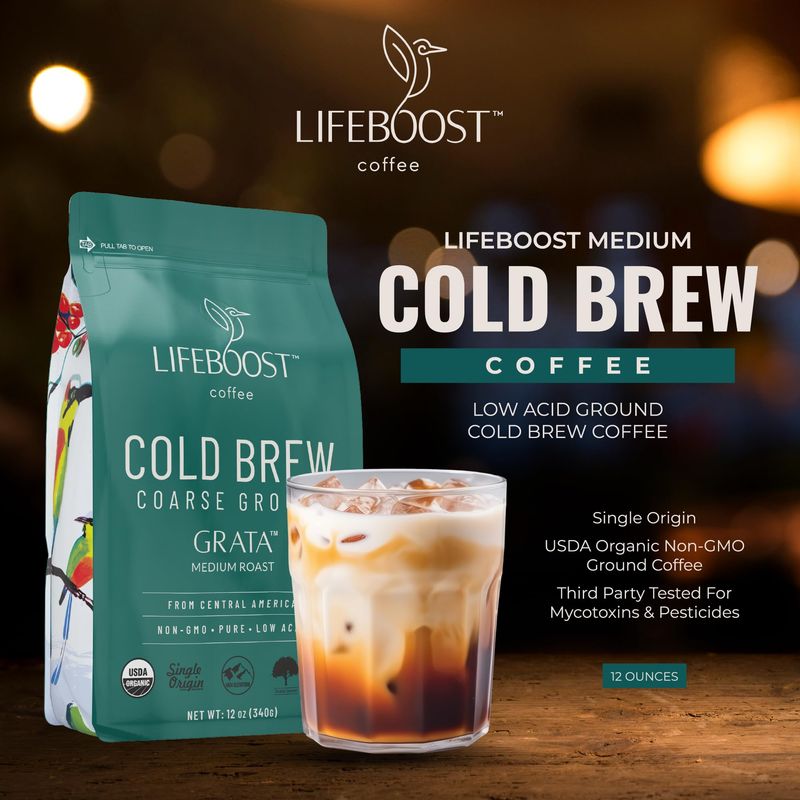 Lifeboost Medium Cold Brew Coffee - Low Acid Coarse Ground Coffee for Cold Brew - Single Origin Non-GMO USDA Organic Cold Brew Coffee Grounds - 3rd Party Tested For Mycotoxins &amp; Pesticides - 12 Ounces