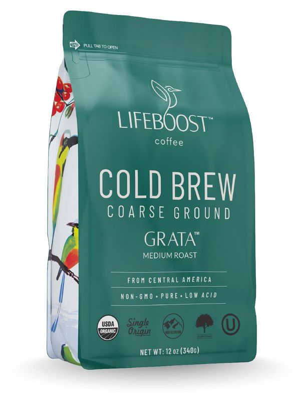 Lifeboost Medium Cold Brew Coffee - Low Acid Coarse Ground Coffee for Cold Brew - Single Origin Non-GMO USDA Organic Cold Brew Coffee Grounds - 3rd Party Tested For Mycotoxins &amp; Pesticides - 12 Ounces