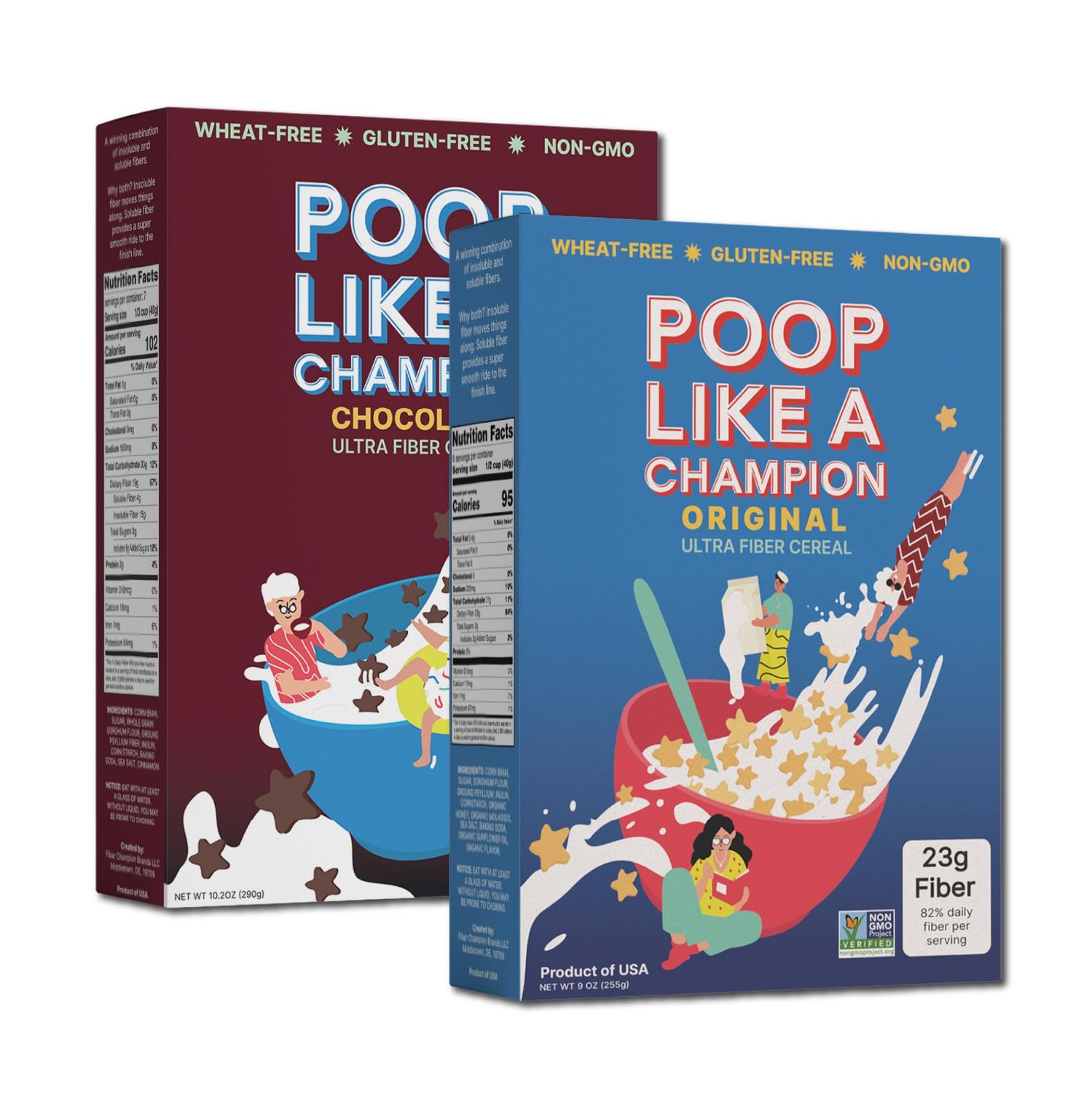 Poop Like A Champion Original &amp; Cocoa High Fiber Cereal Variety 2-Pack - Gluten Free Non GMO Healthy Corn Bran Cereal - Digestive Support