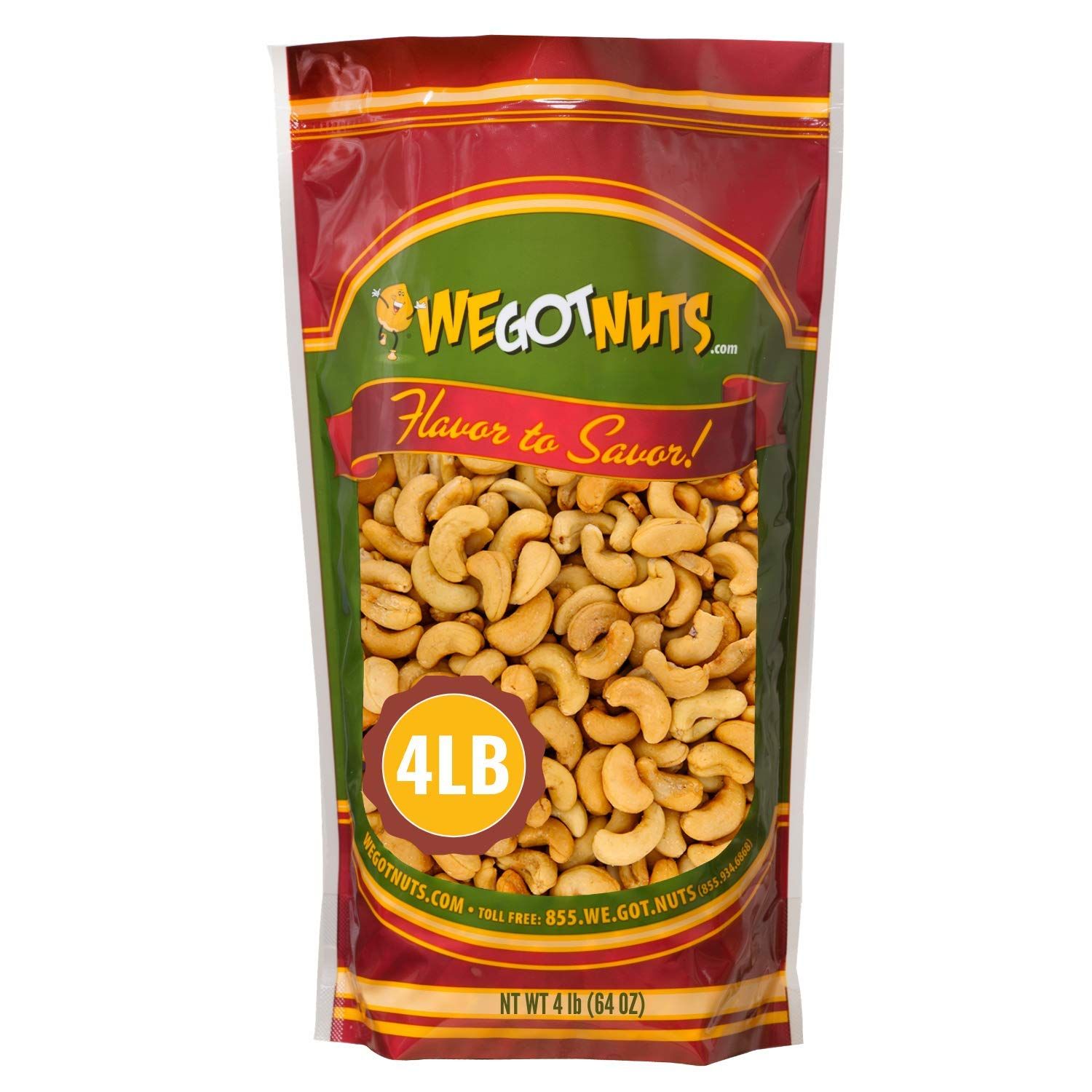 Roasted Salted Cashews - Premium Quality Kosher Roasted Cashews By We Got Nuts - Natural &amp; Healthy Rich Flavor Snack - Gourmet Savory Flavor - Air-Tight Resealable Bag Package - 4 lbs