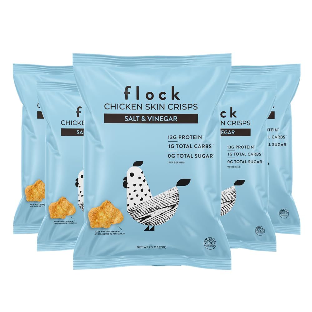 Flock Keto Chicken Skin Chips | Salt and Vinegar Flavor | Low Carb, High Protein, Sugar Free, Gluten Free Fried Chicken Skins - Chicken Chips for People | (2.5oz) 4-Pack Crispy Chicken Flock Chips