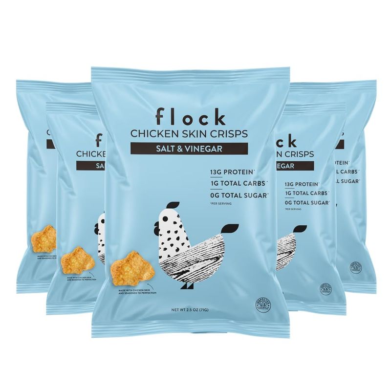 Flock Keto Chicken Skin Chips | Salt and Vinegar Flavor | Low Carb, High Protein, Sugar Free, Gluten Free Fried Chicken Skins - Chicken Chips for People | (2.5oz) 4-Pack Crispy Chicken Flock Chips