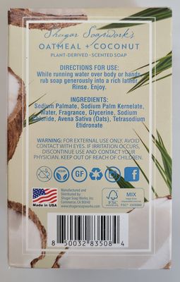 Shugar Soapworks Oatmeal &amp; Coconut Soap 5 Oz - Plant Based, Vegan, Natural, Pure, No Dyes, Sulfate &amp; Paraben Free