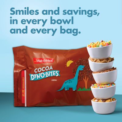 Malt-O-Meal Cocoa Dyno Bites Gluten Free Breakfast Cereal, Crispy Rice Puff Cereal, Large Cereal for Family, 61 OZ Resealable Cereal Bag