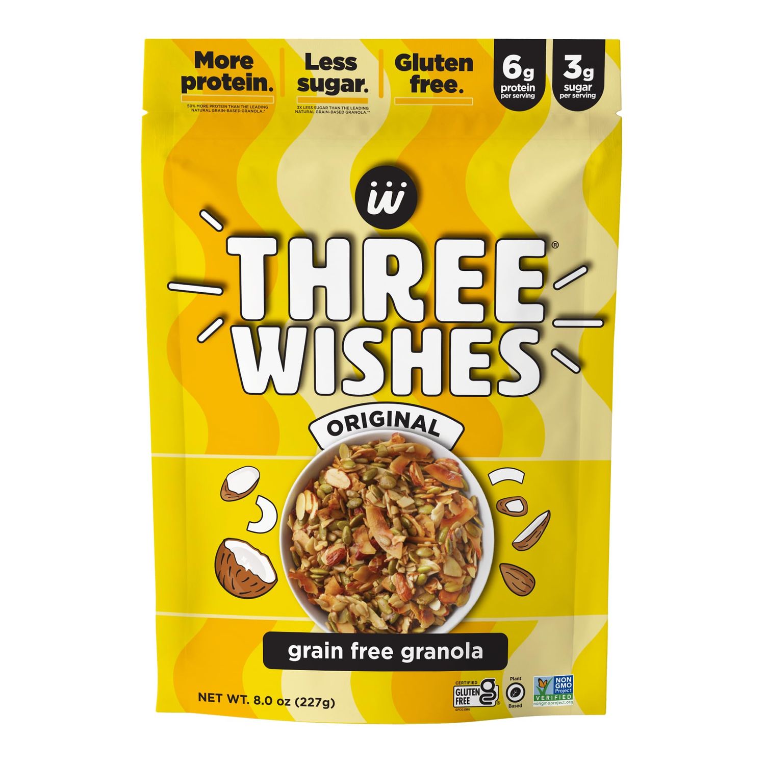 Three Wishes Granola, Original (4-Pack) - Gluten Free Granola, 6g Protein &amp; 3g Sugar Healthy Breakfast &amp; On-the-Go Snack - Vegan, Kosher &amp; Grain-Free