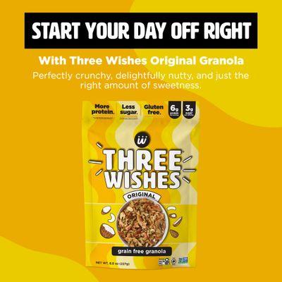 Three Wishes Granola, Original (4-Pack) - Gluten Free Granola, 6g Protein &amp; 3g Sugar Healthy Breakfast &amp; On-the-Go Snack - Vegan, Kosher &amp; Grain-Free