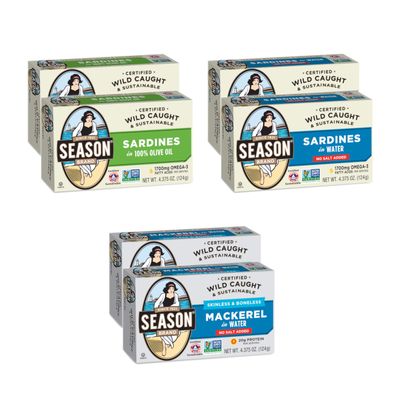 Season Sardines &amp; Mackerel Variety Pack - Wild Caught, Keto, Kosher, Sardines in Olive Oil, Sardines in Water (No Salt Added), Skinless &amp; Boneless Mackerel in Water (No Salt Added) - 2 of Each, 6-Pack