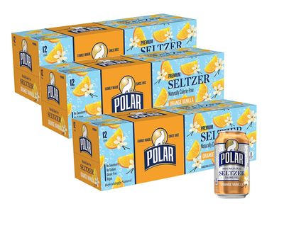 Polar Seltzer Water Orange Vanilla 100% Natural Sparkling Soda Beverage Soft Drink Cans - 3 Cases (36 Pack)