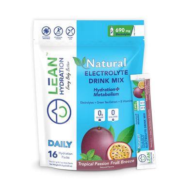 LEAN Hydration Daily Natural Electrolyte Packets Drink Mix | Zero Calories, Zero Sugar Plus Vitamins, Minerals &amp; More | 16 ct (Tropical Passion Fruit Breeze)