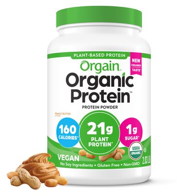Orgain Organic Vegan Protein Powder, Peanut Butter - 21g Plant Based Protein, 7g Prebiotic Fiber, No Lactose Ingredients, No Added Sugar, Non-GMO, For Shakes &amp; Smoothies, 2.03 lb (Packaging May Vary)