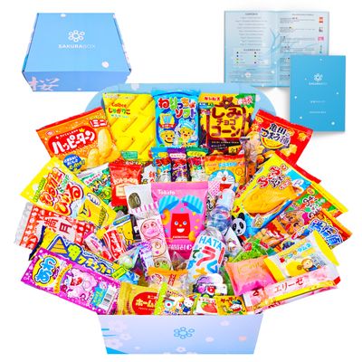 Sakura Box Japanese Candy &amp; Snacks Dagashi Set &amp; Pamphlet 50 Pieces Japanese Food Gift Box