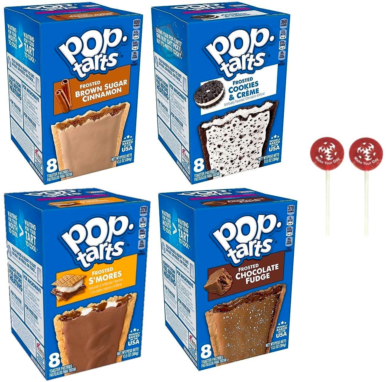 Pop Tarts Frosted Toaster Pastry Variety, Brown Sugar Cinnamon, Cookies &amp; Creme, Smores, and Chocolate Fudge, 13.5 Ounce (Pack of 4) - with Two MYD Lollipops or Bag Clip
