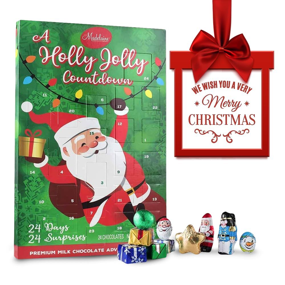 Madelaine Chocolate a Holly Jolly Christmas 2024 Countdown Advent Calendar, with 24 Solid Premium Milk Chocolate Christmas Themed Holiday Surprises