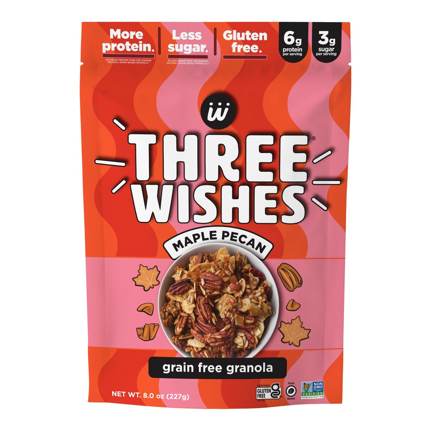 Three Wishes Granola, Maple Pecan (8-Pack) - Gluten Free Granola, 6g Protein &amp; 3g Sugar Healthy Breakfast &amp; On-the-Go Snack - Vegan, Kosher &amp; Grain-Free