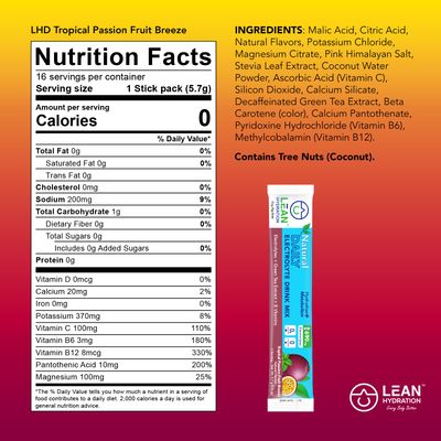 LEAN Hydration Daily Natural Electrolyte Packets Drink Mix | Zero Calories, Zero Sugar Plus Vitamins, Minerals & More | 16 ct (Tropical Passion Fruit Breeze)
