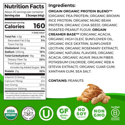 Orgain Organic Vegan Protein Powder, Peanut Butter - 21g Plant Based Protein, 7g Prebiotic Fiber, No Lactose Ingredients, No Added Sugar, Non-GMO, For Shakes & Smoothies, 2.03 lb (Packaging May Vary)