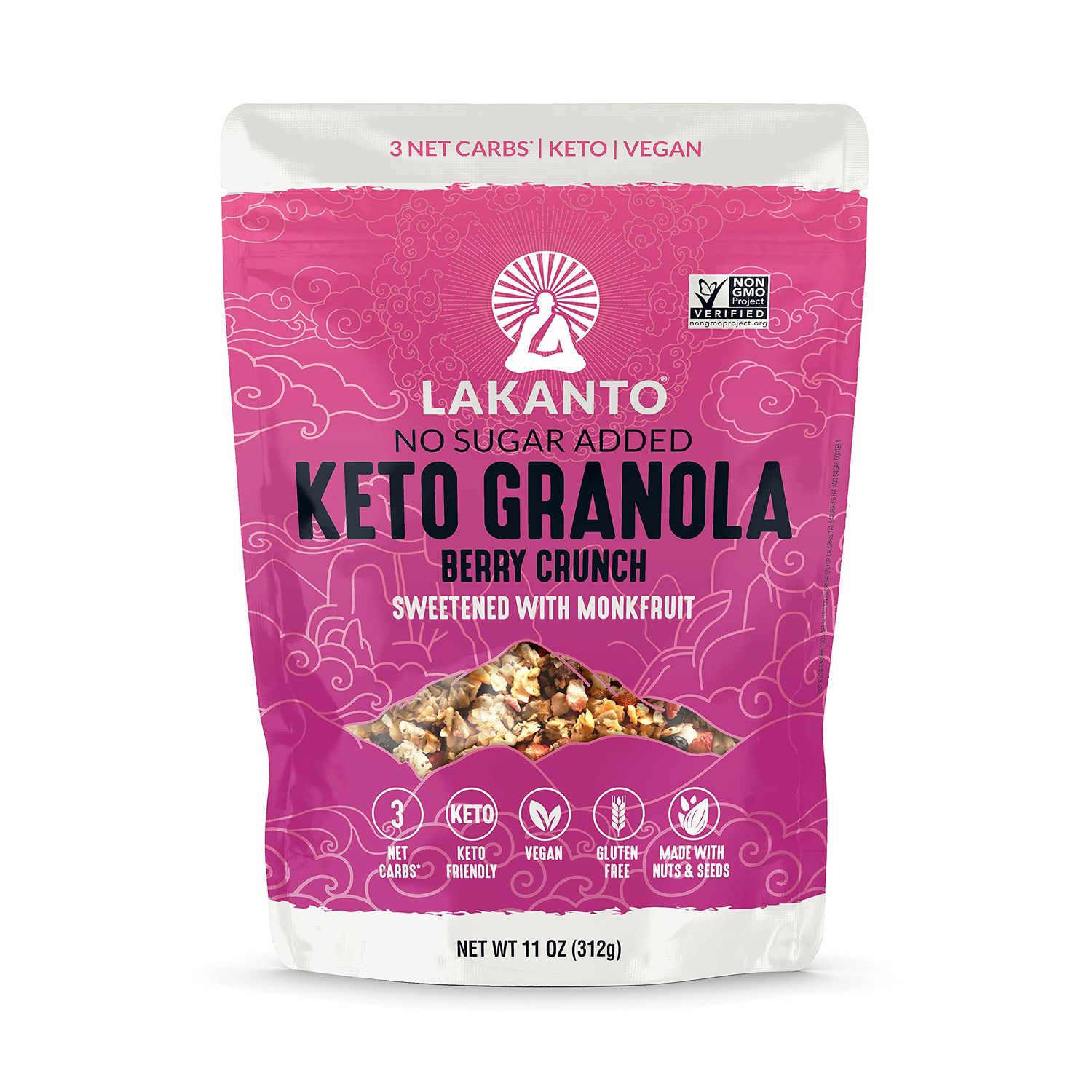 Lakanto Berry Crunch Granola - Delicious Snack, Quick Breakfast Cereal, Keto Friendly, Monk Fruit Sweetener, No Sugar Added, Vegan, Gluten Free, Grain Free, 3g Net Carbs (11 oz)