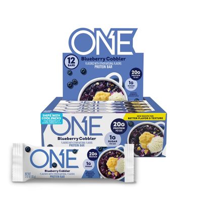 ONE Protein Bars, NEW Recipe Blueberry Cobbler, Gluten Free Protein Bars with 20g Protein and 1g Sugar, Pantry Staples, 2.12 oz (12 Count)