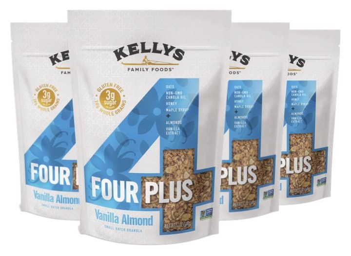 Kelly&#39;s Four Plus Granola (Vanilla Almond) Granola Cereal with Whole Grain Oats, Honey, Maple Syrup - Non-GMO, Low Sugar, Sodium Free and Gluten Free Granola for Yogurt - 12oz (Pack of 4)