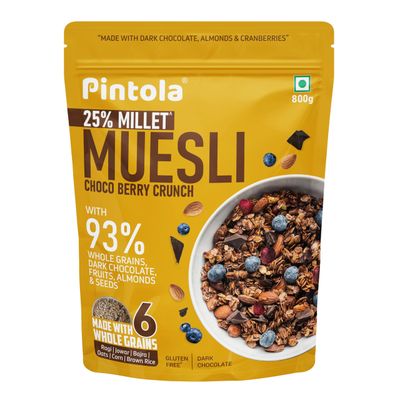 Pintola Dark Chocolate &amp; Cranberry Muesli with 25% Millet &amp; 60% Wholegrains (800g), Healthy breakfast cereal with 6 varied Nuts &amp; seeds, No Preservatives, High in Fibre &amp; Protein, Cholesterol Free