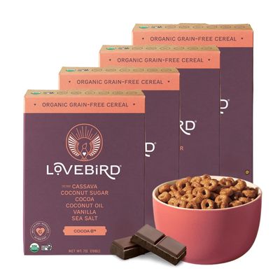Lovebird Gluten Free Cereal - Organic Grain Free Cereals Paleo AIP Dairy Free Keto Friendly No Refined Sugar Healthy Snacks for Kids, Adults (Cacao, 4 Pack)