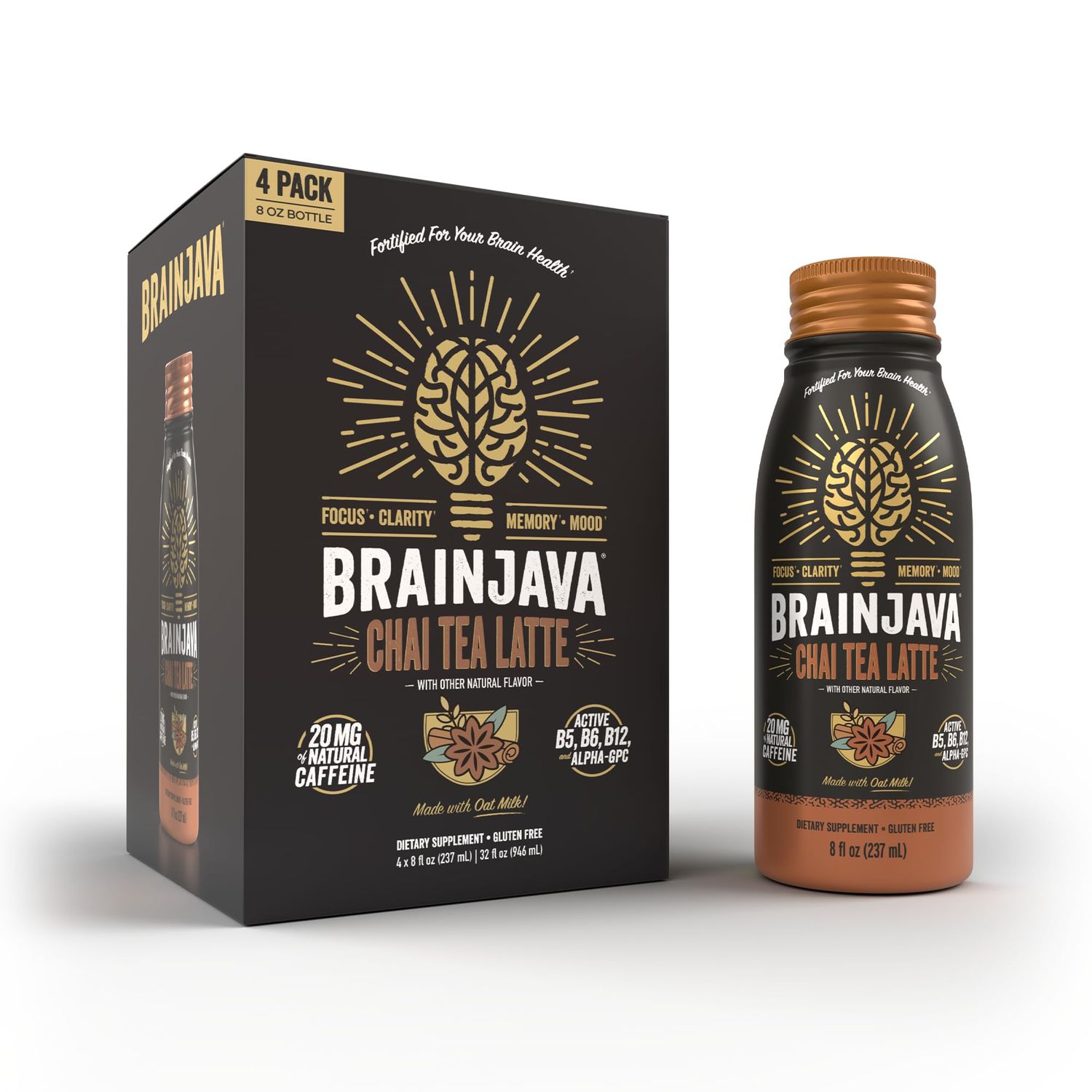 BRAINJAVA Oat Milk Chai Tea Latte Ready To Drink Tea, 4 Pack, Natural Fair Trade Black Tea w/Spices, 20mg Caffeine, L-Theanine, Potassium, B Vitamins, For Focus, Clarity, Gluten Free, Vegan, 8 fl oz