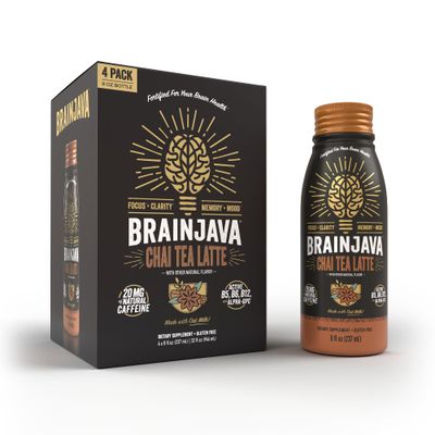 BRAINJAVA Oat Milk Chai Tea Latte Ready To Drink Tea, 4 Pack, Natural Fair Trade Black Tea w/Spices, 20mg Caffeine, L-Theanine, Potassium, B Vitamins, For Focus, Clarity, Gluten Free, Vegan, 8 fl oz